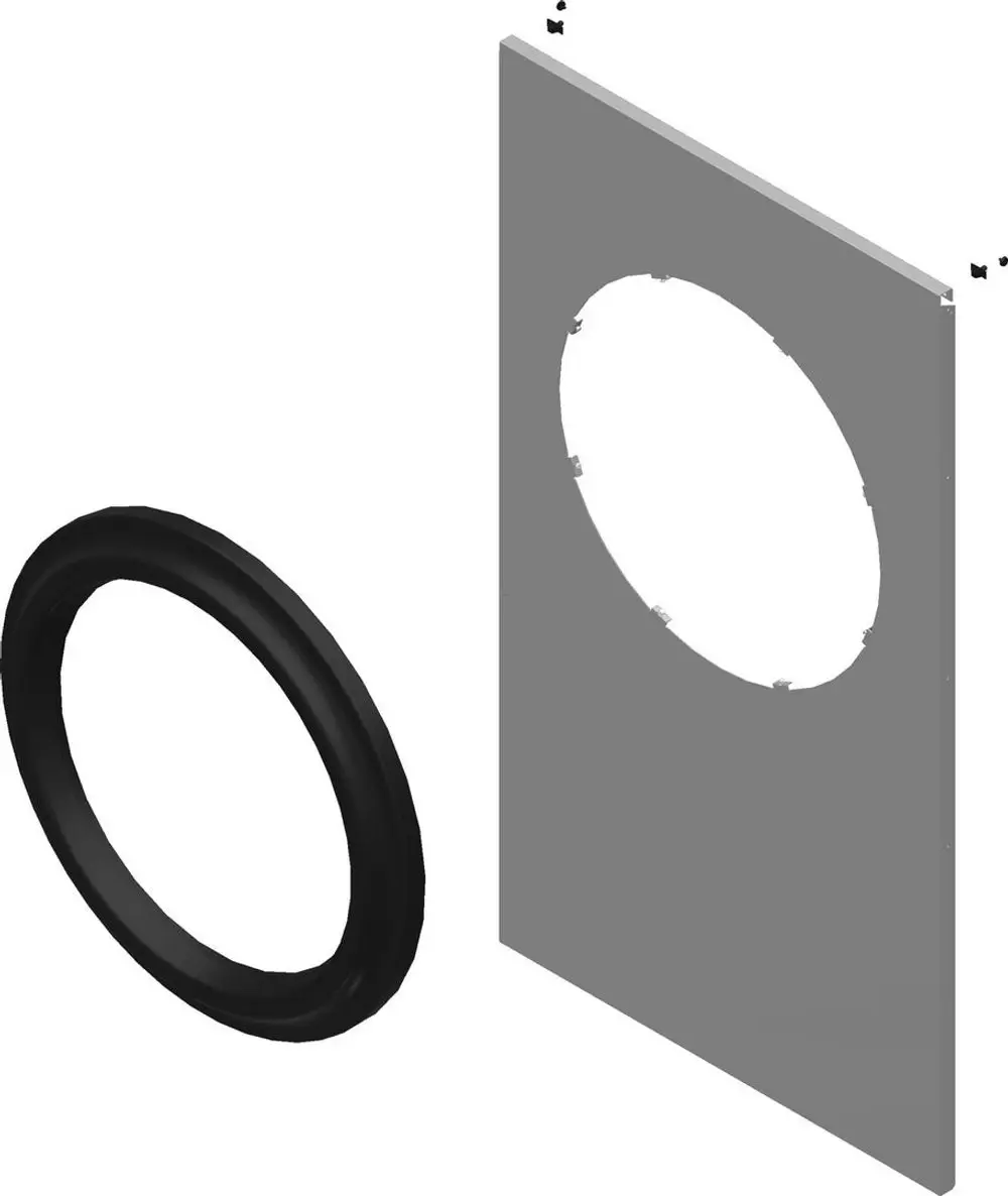 Zeichnung eines runden Dichtungsrings, der neben einer grauen Platte mit einem Öffnungsdurchmesser dargestellt ist. Bosch-Produktdesign zur Montage.